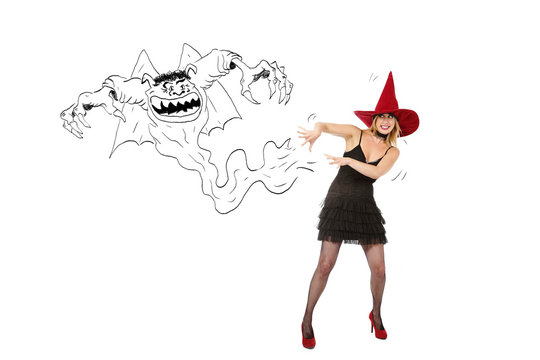 sorcière Halloween jetant un sort avec monstre dessiné