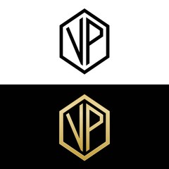 initial letters logo vp black and gold monogram hexagon shape vector