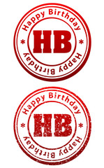 Pair of red rubber stamps in grunge and solid style with caption Happy Birthday and abbreviation HB