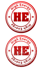 Pair of red rubber stamps in grunge and solid style with caption High Energy and abbreviation HE