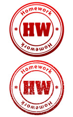 Pair of red rubber stamps in grunge and solid style with caption Homework and abbreviation HW