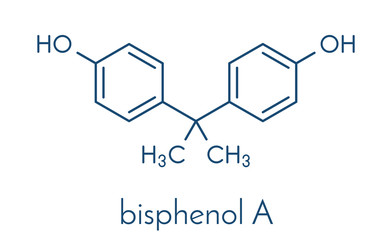 Bisphenol A (BPA) plastic pollutant molecule. Chemical often present in polycarbonate plastics, has estrogen disrupting effects. Skeletal formula.