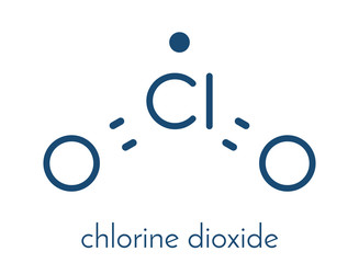 Chlorine dioxide (ClO2) molecule. Used in pulp bleaching and for disinfection of drinking water. Skeletal formula.