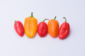 Line of small red and orange bell peppers