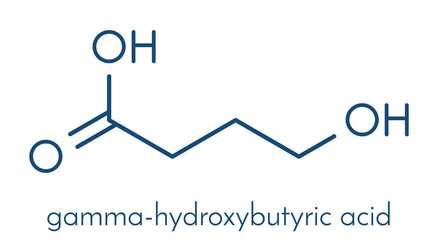 Gamma-hydroxybutyric acid (GHB, oxybate, liquid ecstasy) molecule. Skeletal formula.