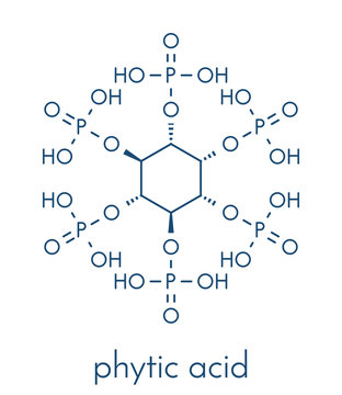 Phytic acid (hexakisphosphate, IP6, phytate) molecule. Present in seeds and grains of many plants, acting as storage form of phosphorus. Skeletal formula.