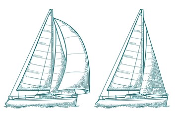 Naklejka premium Two sailing yacht. Sailboat. Vector drawn flat illustration