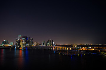 Miami at night. View from atop a glowing building with a bridge