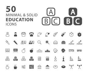 Set of 50 Education Minimal and Solid Icons . Vector Isolated Element