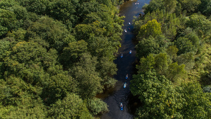 SUP unidentifiable people paddle boarding on a calm river during summer