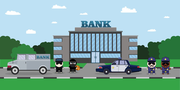 Illustration of a Policeman Chasing a Thief with Stolen Bag. Bank Security Finance Service. Sheriff s car and Cartoon 2d Collector characters
