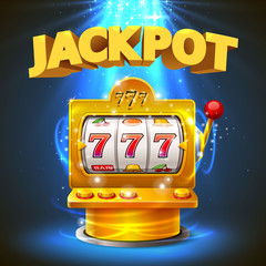 Golden slot machine wins the jackpot. Isolated on blue background. Vector illustration