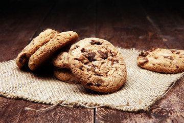 Chocolate chip cookies on table freshly baked
