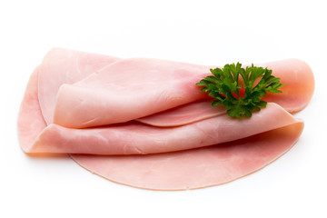 Sliced boiled ham sausage isolated on white background, top view.