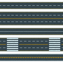 Set of seamless vector road background. Straight asphalt roads with different types of road marking. Illustration of highway isolated on white. Street traffic and transport design template.