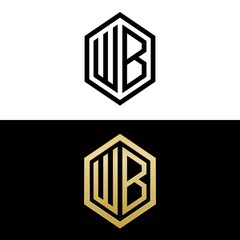 initial letters logo wb black and gold monogram hexagon shape vector