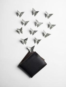 US origami butterfly dollar flying out of a wallet