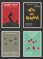 Naklejka premium Movie retro posters set. Vintage cinema promotional printing collection. Can be used for ad, banner, web design. Layout template in A4 size. 