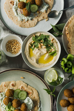 Falafel and hummus on a table