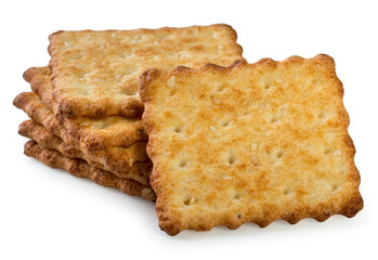 Stack of tasty, crunchy french crackers isolated on a white background, close up.