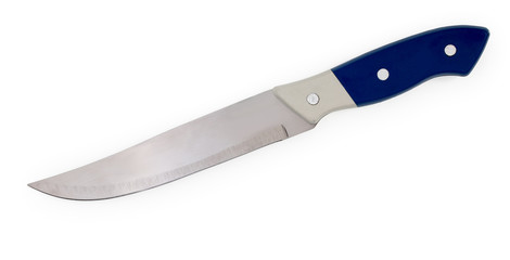 Inexpensive kitchen knife with white-blue handle isolated on white background, close up