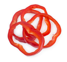Rings of sliced pepper bell isolated on a white background, close up.