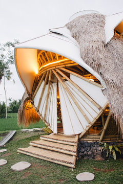 Beautiful bio architecture dome made from bamboo in the middle of the rice field