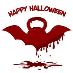 Winged kettlebell with dripping blood. Illustration of Halloween card template.