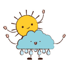 clouds with rain and sun kawaii caricature in blurred color silhouette vector illustration