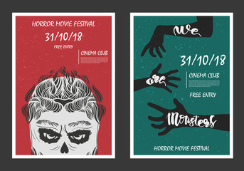 Obraz premium Horror movie retro posters set. Grunge halloween posters with zombies. Vintage cinema promotional printing collection. Can be used for ad, banner, web design. Layout template in A4 size. 