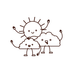 clouds with sun kawaii caricature in brown color contour vector illustration