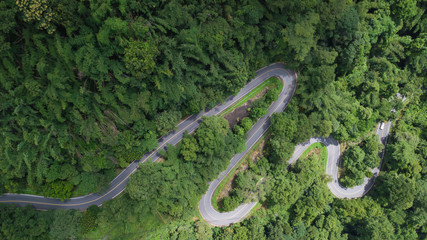 Aerial top view top view of the road through the trees,