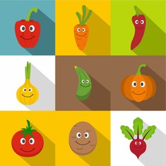 Smiling vegetables icons set, flat style