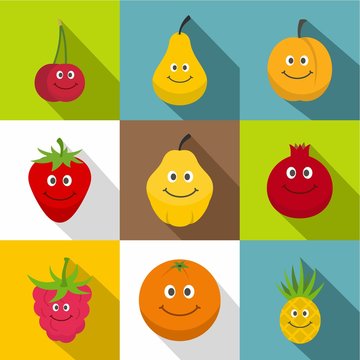 Happy smiling fruit icons set, flat style