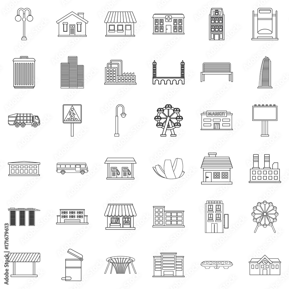 Poster building icons set, outline style