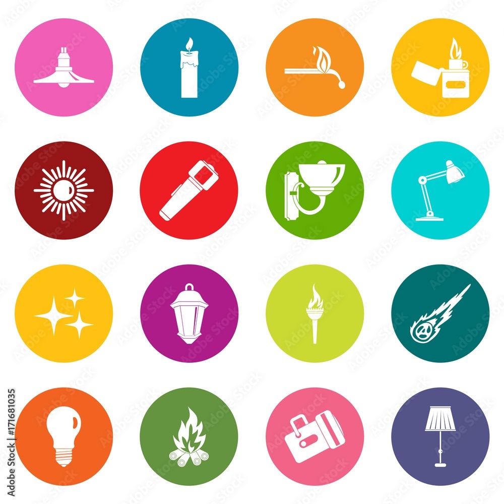 Poster light source symbols icons many colors set