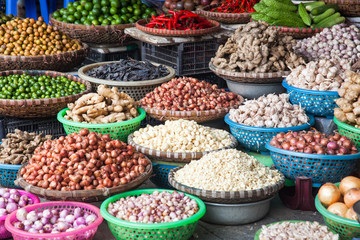 tropical spices and fruits sold at a local market in Hanoi (Vietnam)