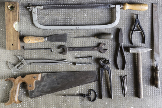 Variety of old tools seen from above
