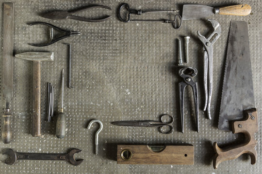 Variety of old tools seen from above
