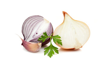 red sliced onion  with parsley greenery isolated on white background