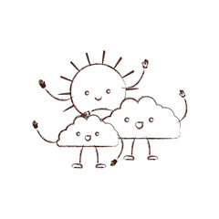 clouds with sun kawaii caricature with open arms standing in blurred brown color contour vector illustration