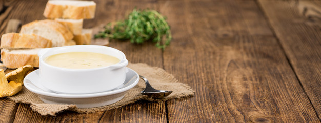 Creamy Chanterelle Soup close-up shot, selective focus