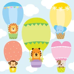 Fotobehang Dieren in luchtballon Dieren in hete lucht ballonnen vector illustratie set. Leeuw, tijger, aap, olifant en hond op schattige pastelkleurige heteluchtballonnen.