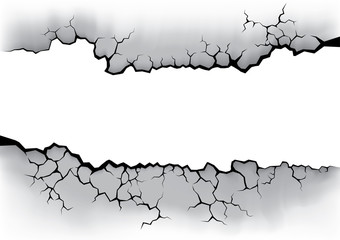 Cracked banner in the white concrete wall. Branch or damage on white background. Texture design in grunge and polygon style.