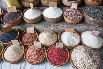 HANOI VIETNAM - AUGUST 2017: Various type of cereal grains (seeds, rice, buckwheat, oats, lentils,chickpeas, beans) on sale at Dong Xuan market