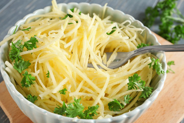 Bowl with flesh of spaghetti squash, close up