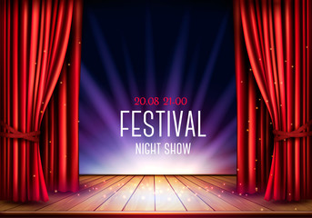 A theater stage with a red curtain and a spotlight. Festival night show background. Vector. - obrazy, fototapety, plakaty