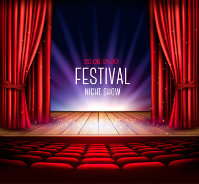 A theater stage with a red curtain and a spotlight. Festival night show background. Vector.
