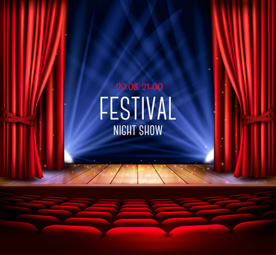 A theater stage with a red curtain and a spotlight. Festival night show poster. Vector.