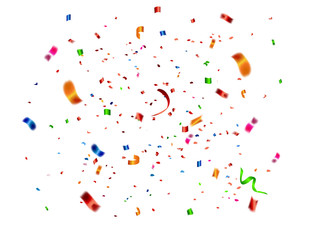 Celebration background frame template with confetti and red ribbons. Vector illustration